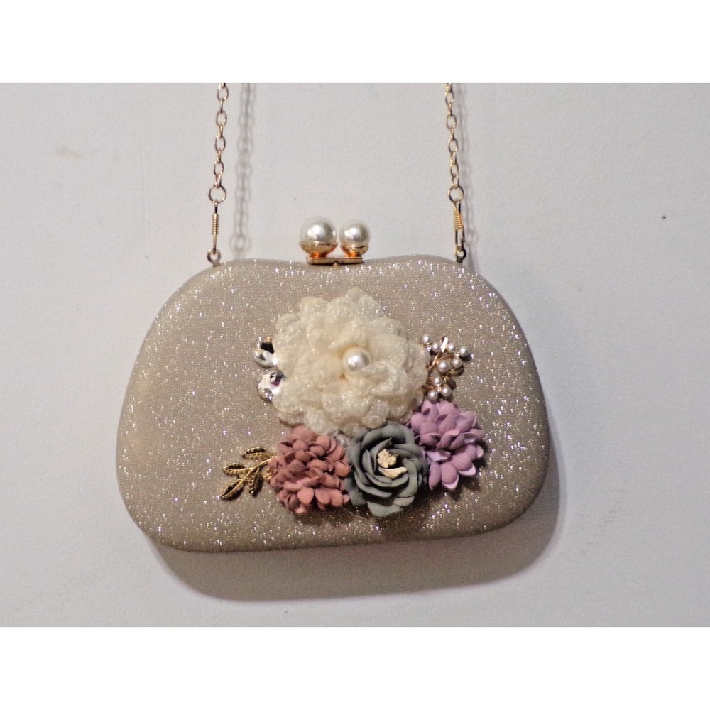 Evening Glittery Sparkle Cross Body Clutch Party Handbag Gold Accents Pearl Gems